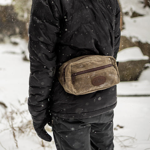 Westender pack worn around the waist in the winter