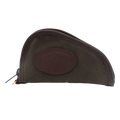 A waxed canvas clam shaped pistol case.
