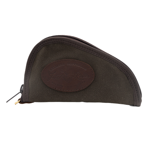 A waxed canvas clam shaped pistol case.