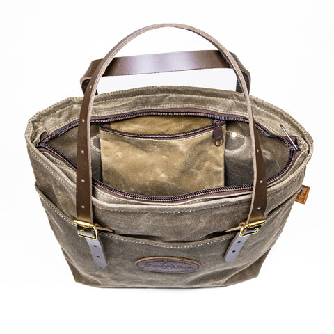 Inside view of the waxed canvas Frost River Boardwalk Tote.