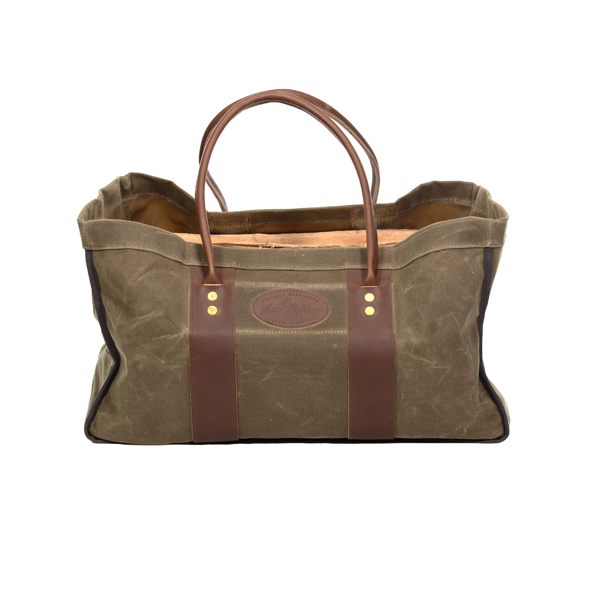 Waxed canvas and leather four sided log carrier bag. 