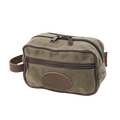 A crafted waxed canvas dopp kit or travel kit designed for toiletries but could be used for anything.