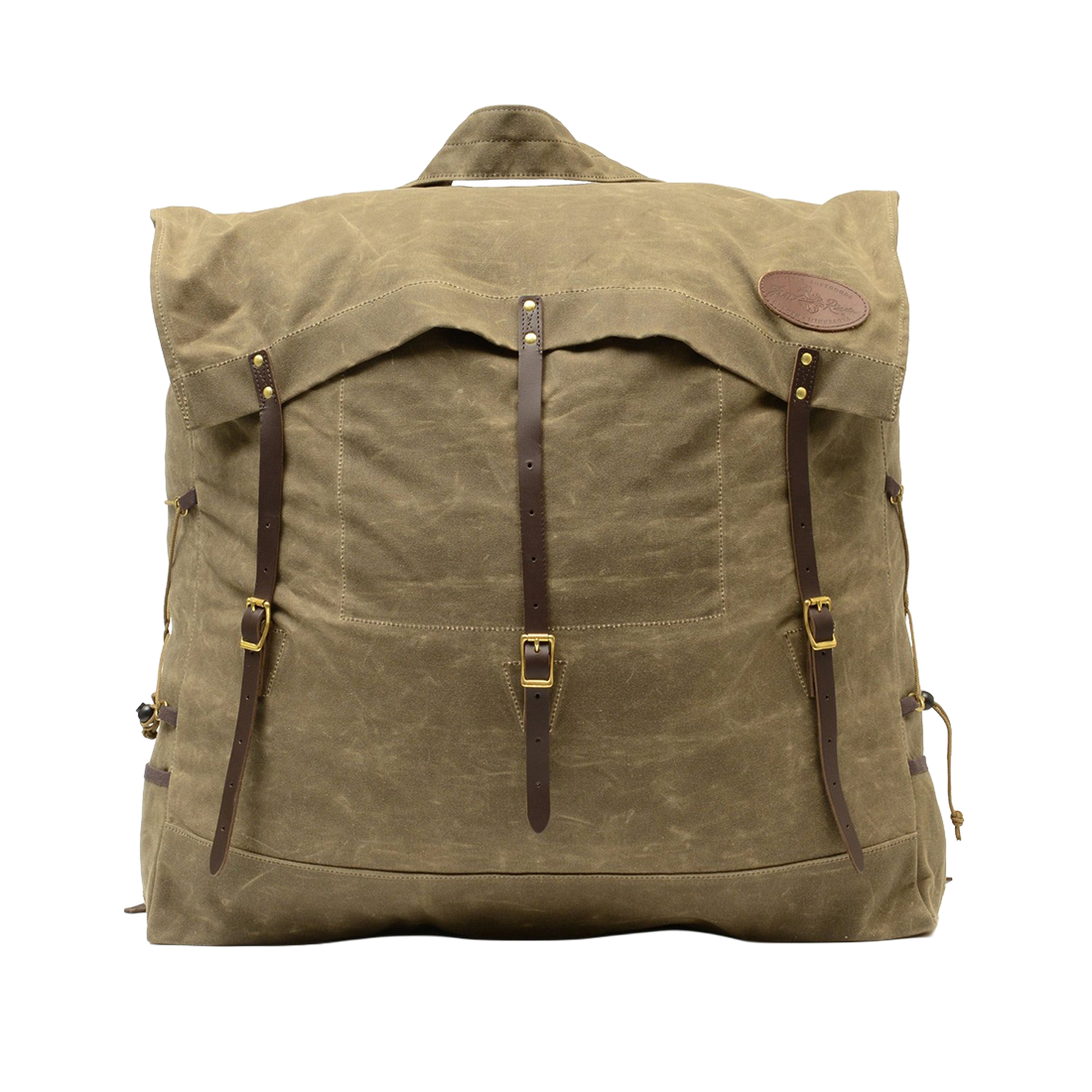 A large traditional style waxed canvas canoe pack with full-grain leather and solid brass hardware. 