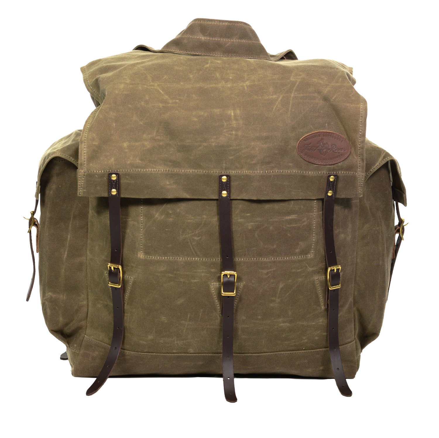 Traditional style waxed canvas canoe pack with two side pockets and a traditional style canoe pack. 