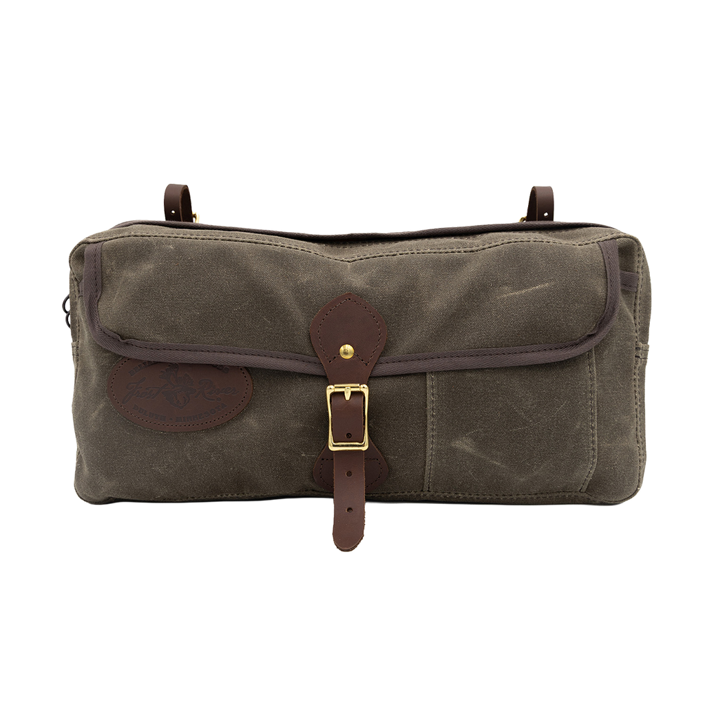 A waxed canvas and leather canoe Thwart Bag bag crafted in Minnesota. 
