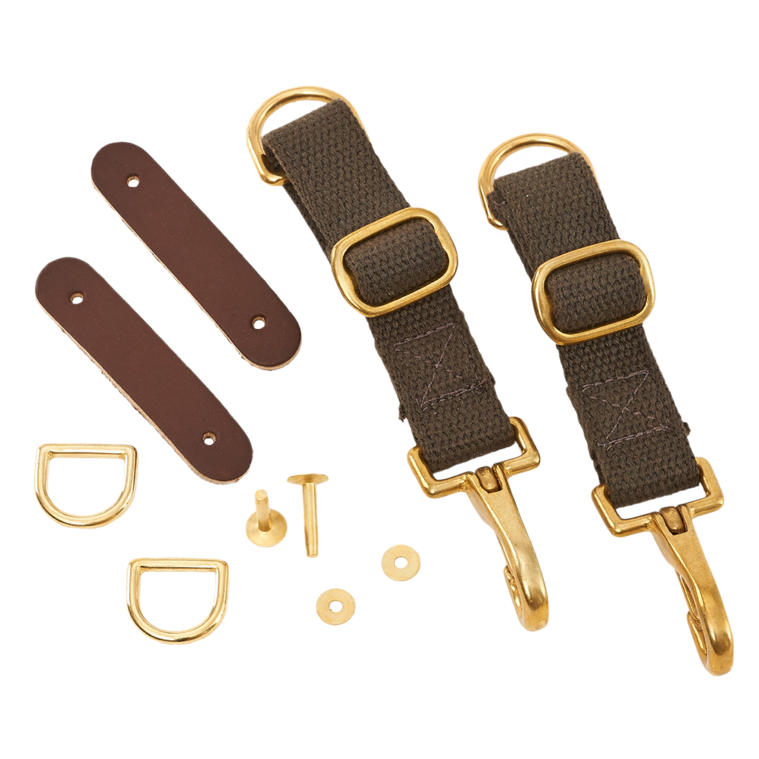 The attachment kit for Frost River's Palisade Portage Pack made of solid brass, full-grain leather, and cotton web. 