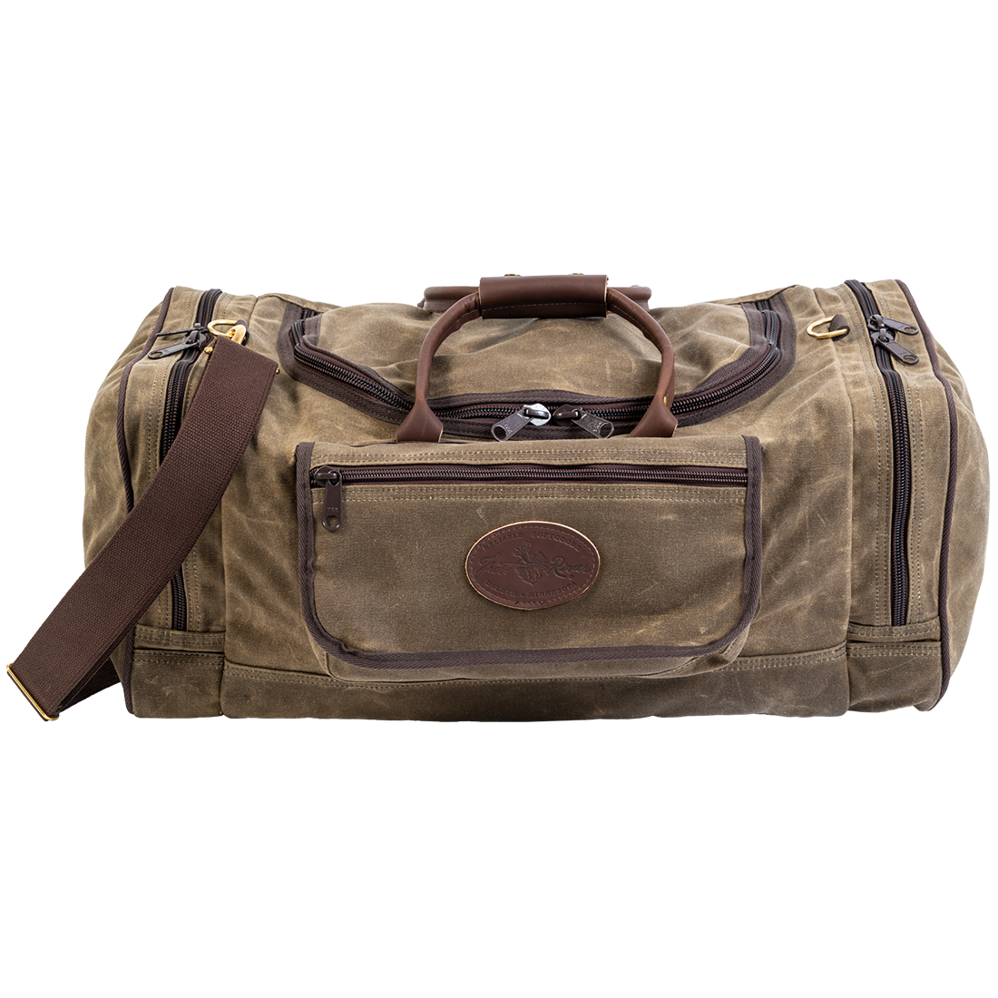 Frost River's largest waxed canvas and leather duffel bag that multiple exterior pockets for the best organization possibilities. 