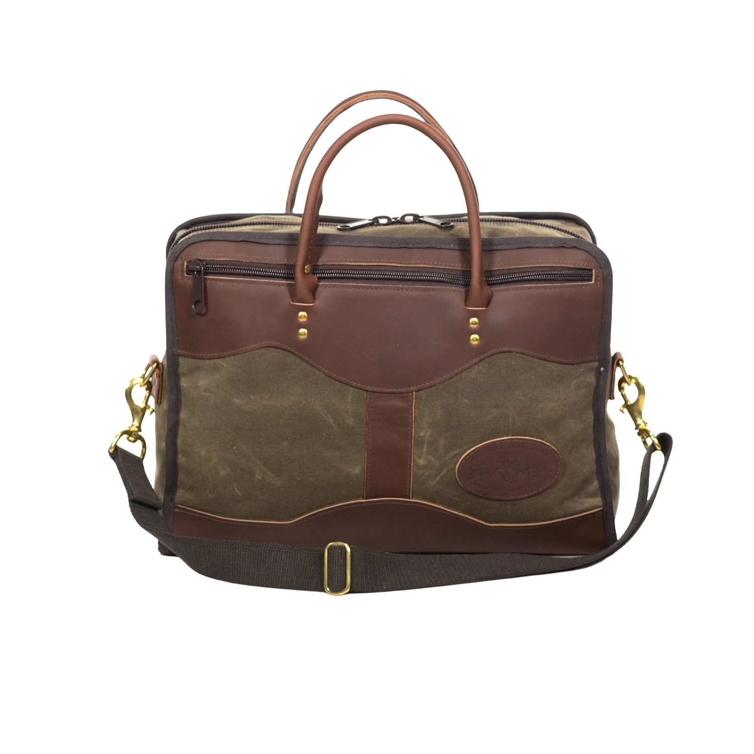 With high-end waxed canvas and premium leather this medium brief is durable and striking. Two leather handles on both sides for carrying and two heavy duty zippers on either side for storage. 