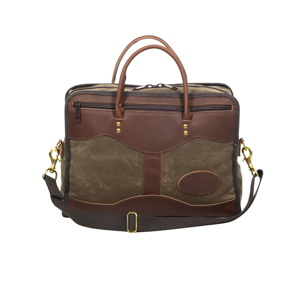 With high-end waxed canvas and premium leather this medium brief is durable and striking. Two leather handles on both sides for carrying and two heavy duty zippers on either side for storage. 