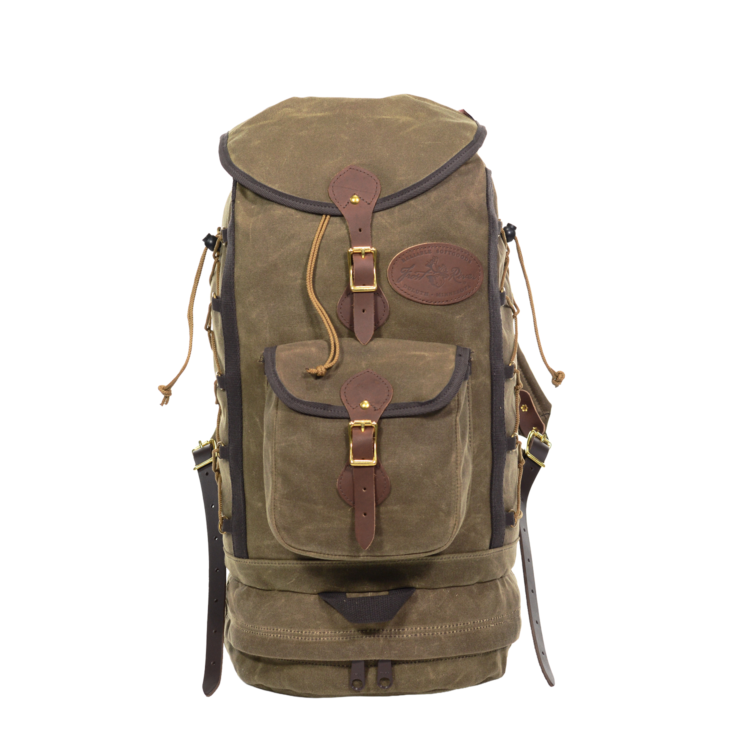 Handmade large daypack made with waxed canvas premium leather and high quality brass buckles and rivets.