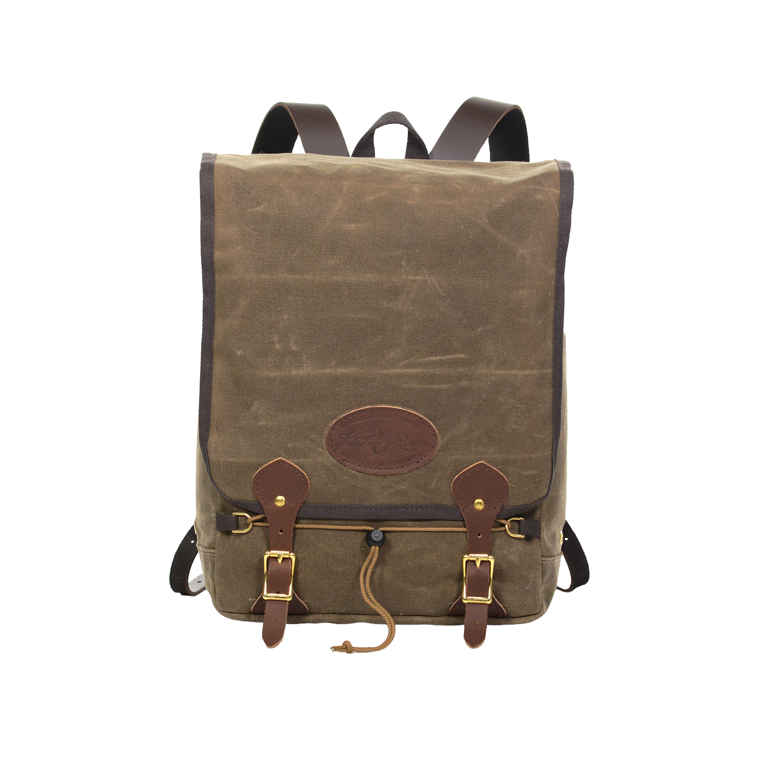 Waxed canvas backpack made with durable materials with a secure large flap closure.