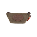 Brown handcrafted leather pouch with a zipper and logo on the front.