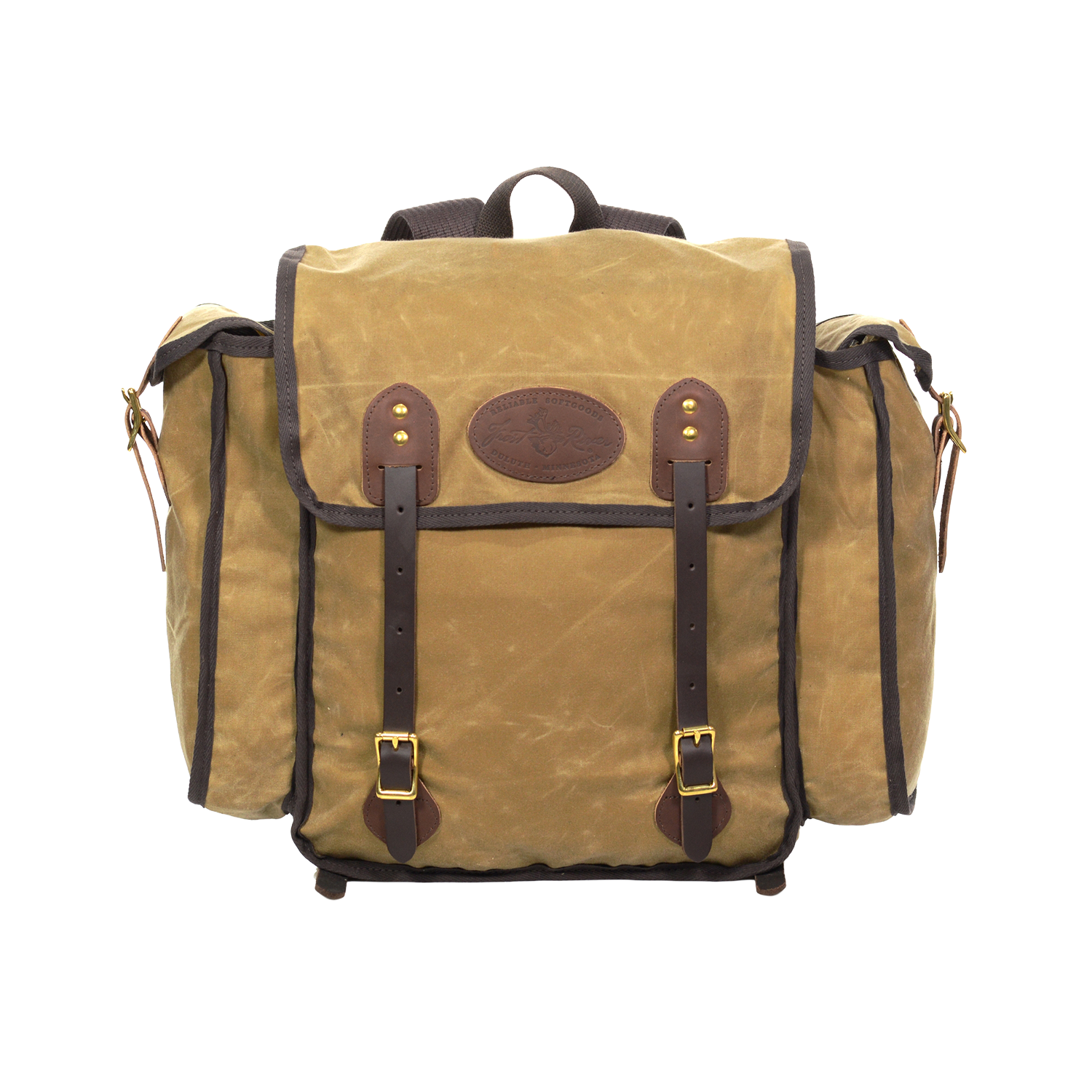 The Cliff Jacobson is a light weight tan colored box style pack. With two leather straps in the front to secure your load. Handcrafted in Duluth, MN.