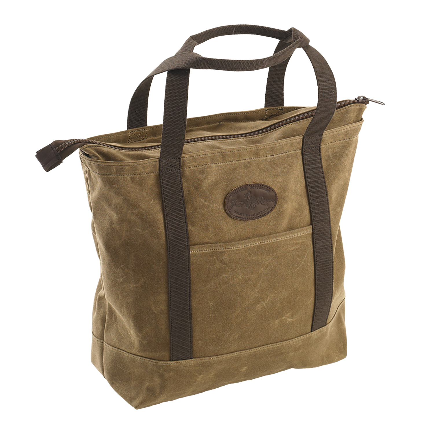 Large zippered tote with strong webbed cotton shoulder straps and exterior slip pockets on each side of the bag.
