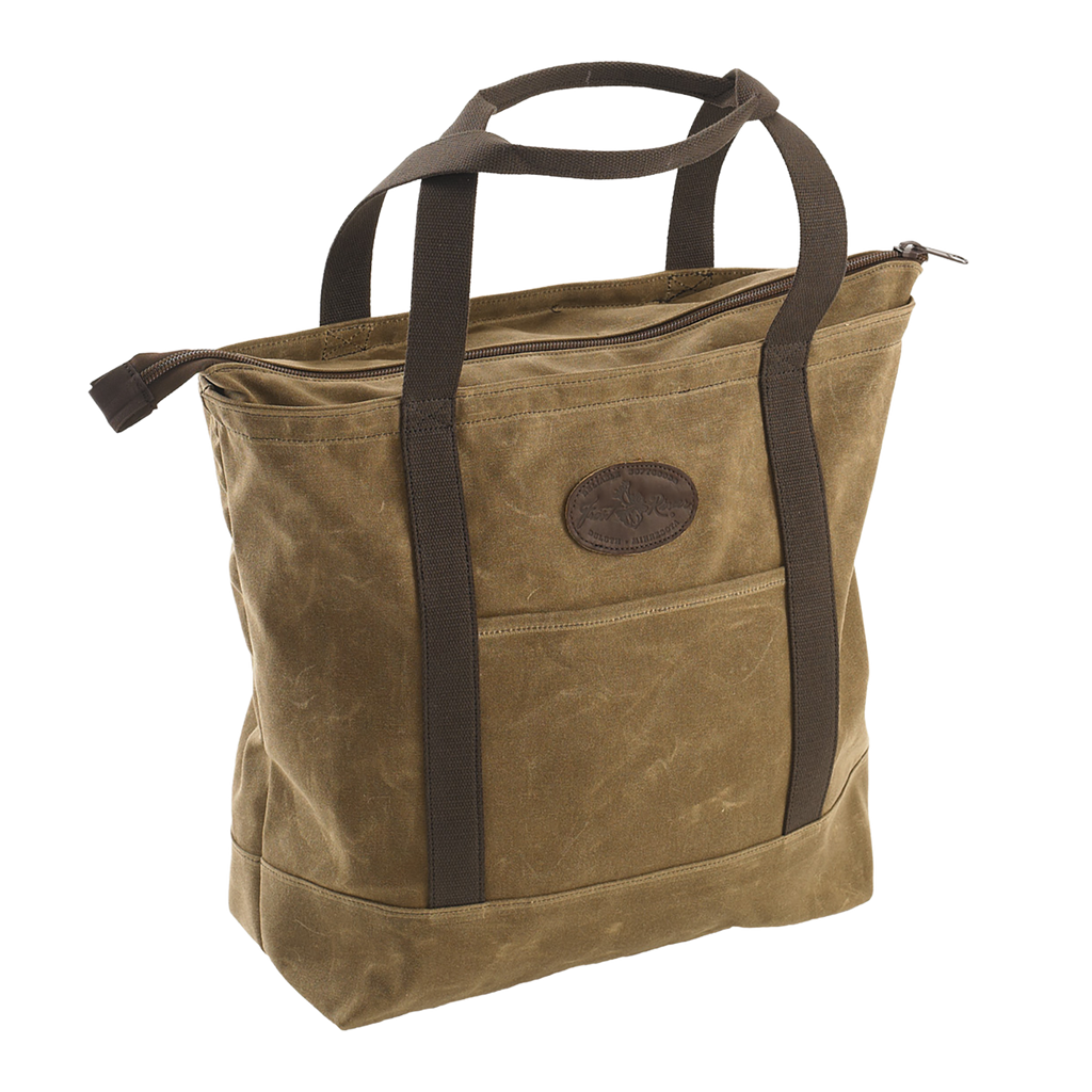 Large zippered tote with strong webbed cotton shoulder straps and exterior slip pockets on each side of the bag.
