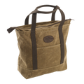 Large zippered tote with strong webbed cotton shoulder straps and exterior slip pockets on each side of the bag.