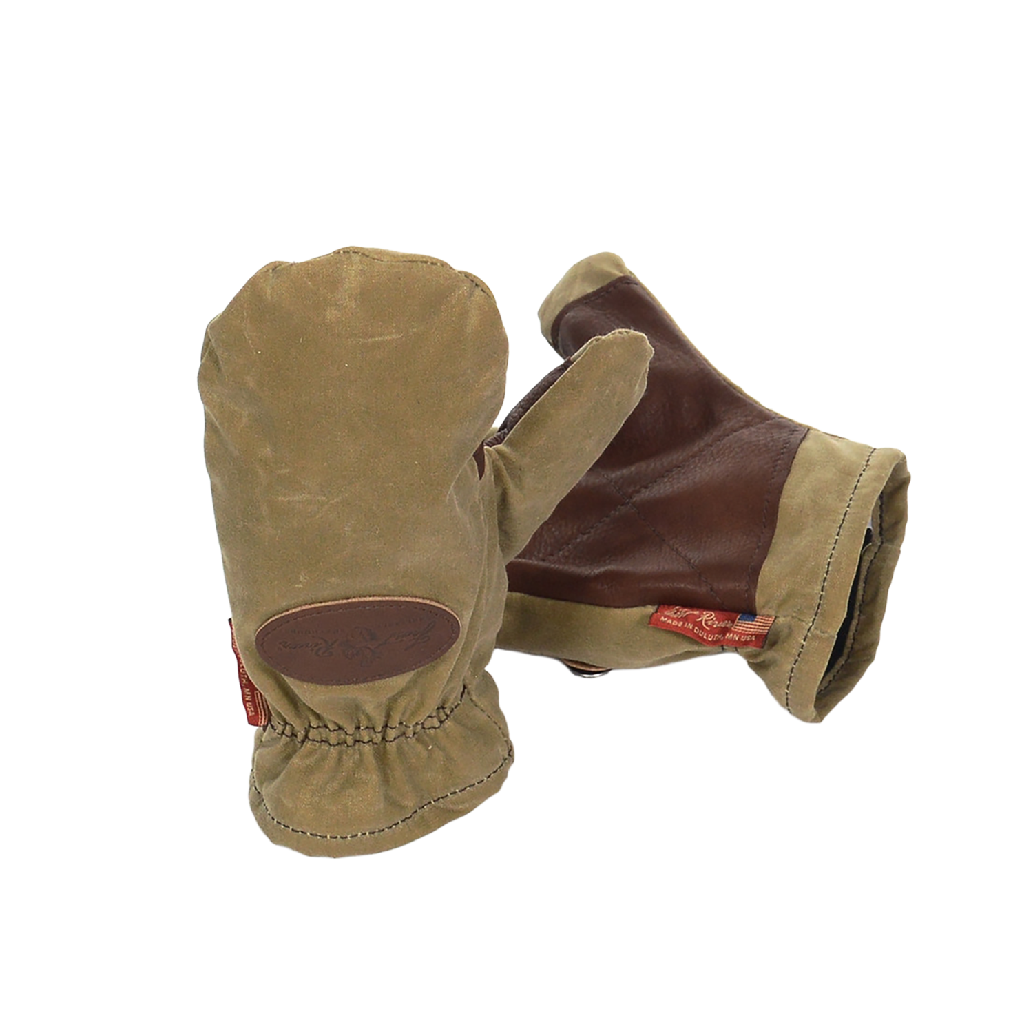 Made with durable waxed canvas, lined with fleece, and an extra layer of brown buckskin on the palms to prevent wear.