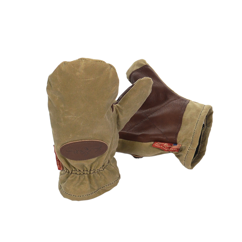 Made with durable waxed canvas, lined with fleece, and an extra layer of brown buckskin on the palms to prevent wear.