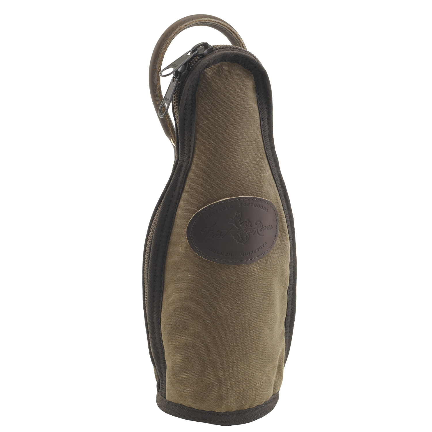 An olive green canvas zippered pouch with dark brown trim and a circular embossed logo patch on the front.