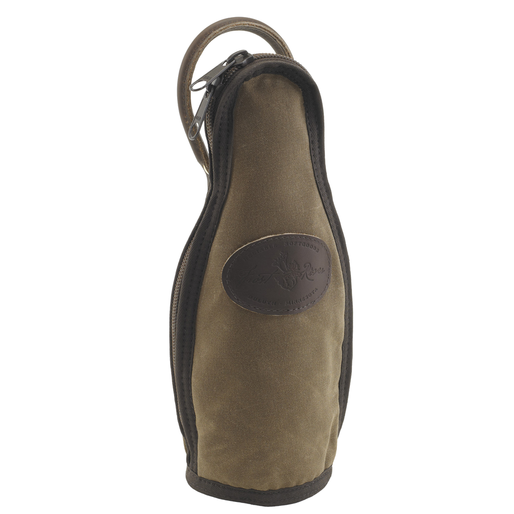 An olive green canvas zippered pouch with dark brown trim and a circular embossed logo patch on the front.