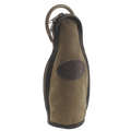 An olive green canvas zippered pouch with dark brown trim and a circular embossed logo patch on the front.