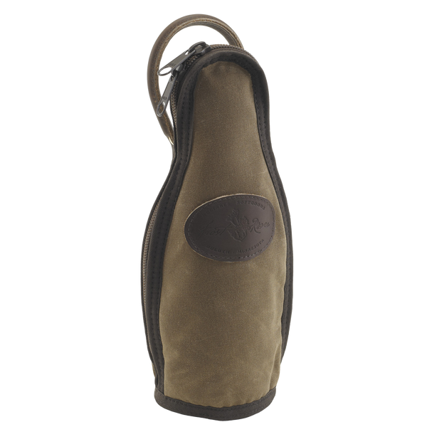 An olive green canvas zippered pouch with dark brown trim and a circular embossed logo patch on the front.