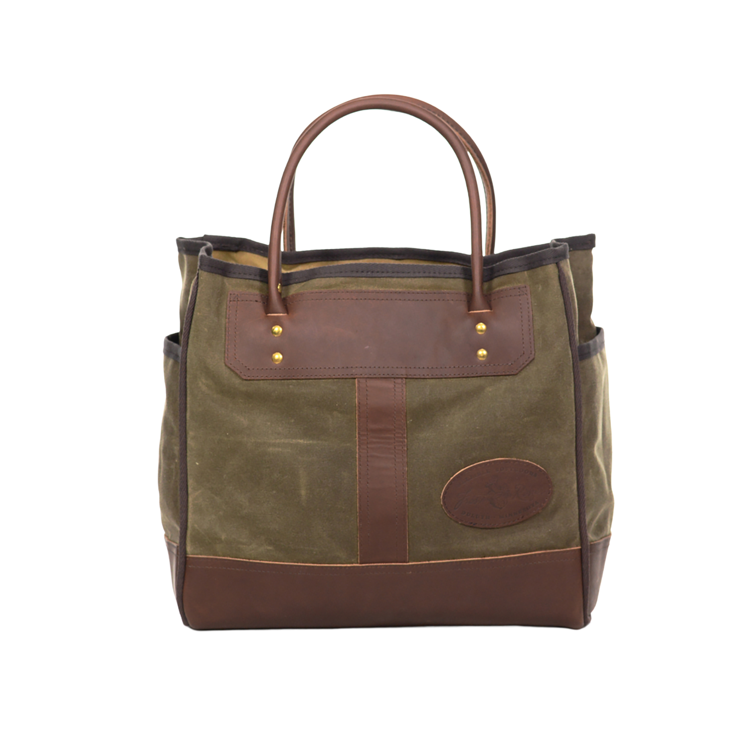 Handcrafted tote with premium rolled leather handles.