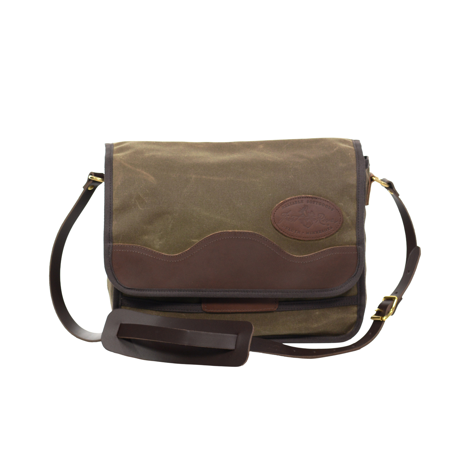 This small satchel is handcrafted out of high quality waxed canvas, premium leather, strong webbed cotton, and sold brass. 