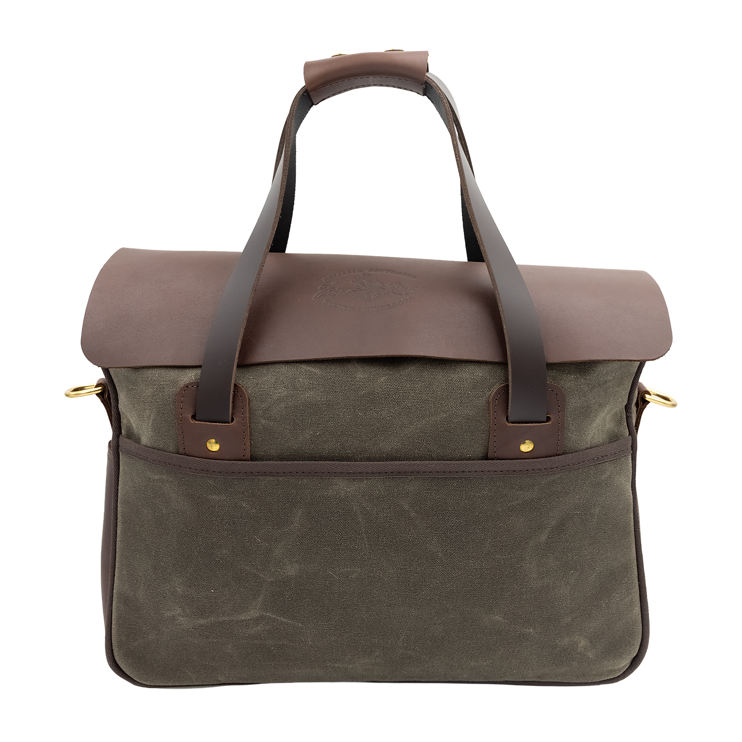 A field tan waxed canvas and brown leather briefcase crafted in the United States. 