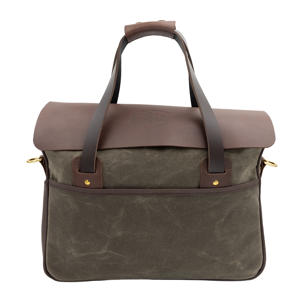 A field tan waxed canvas and brown leather briefcase crafted in the United States. 