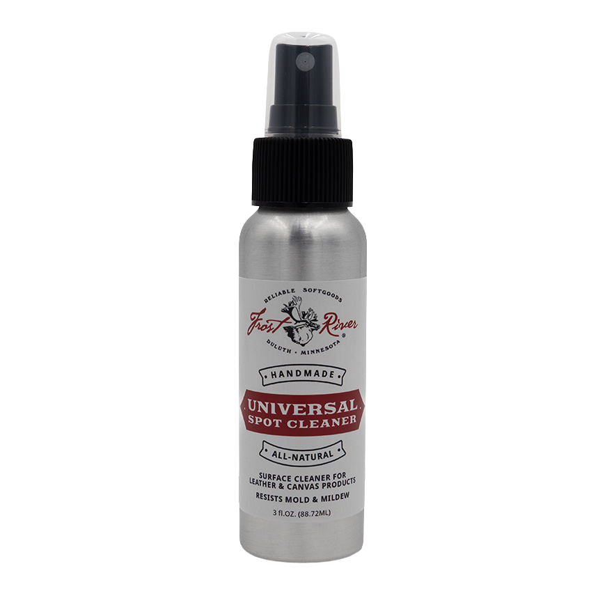 Waxed canvas and leather spot cleaner in a three ounce spray bottle. 