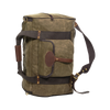 A waxed canvas and leather duffel bag that has back straps attached and a sleeve they tuck into when not in use. 