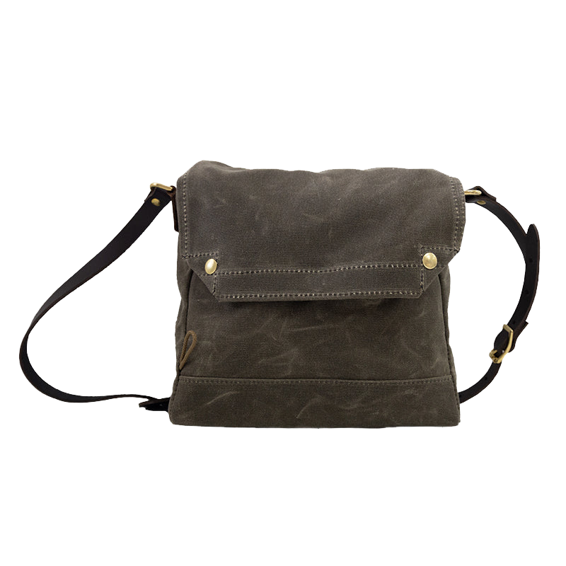 A field tan waxed canvas satchel.