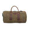 Classic round shaped duffel bag made from 18 ounce waxed canvas, full grain leather, and solid brass hardware.