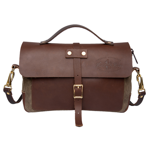 Brown leather and waxed canvas briefcase shoulder bag.