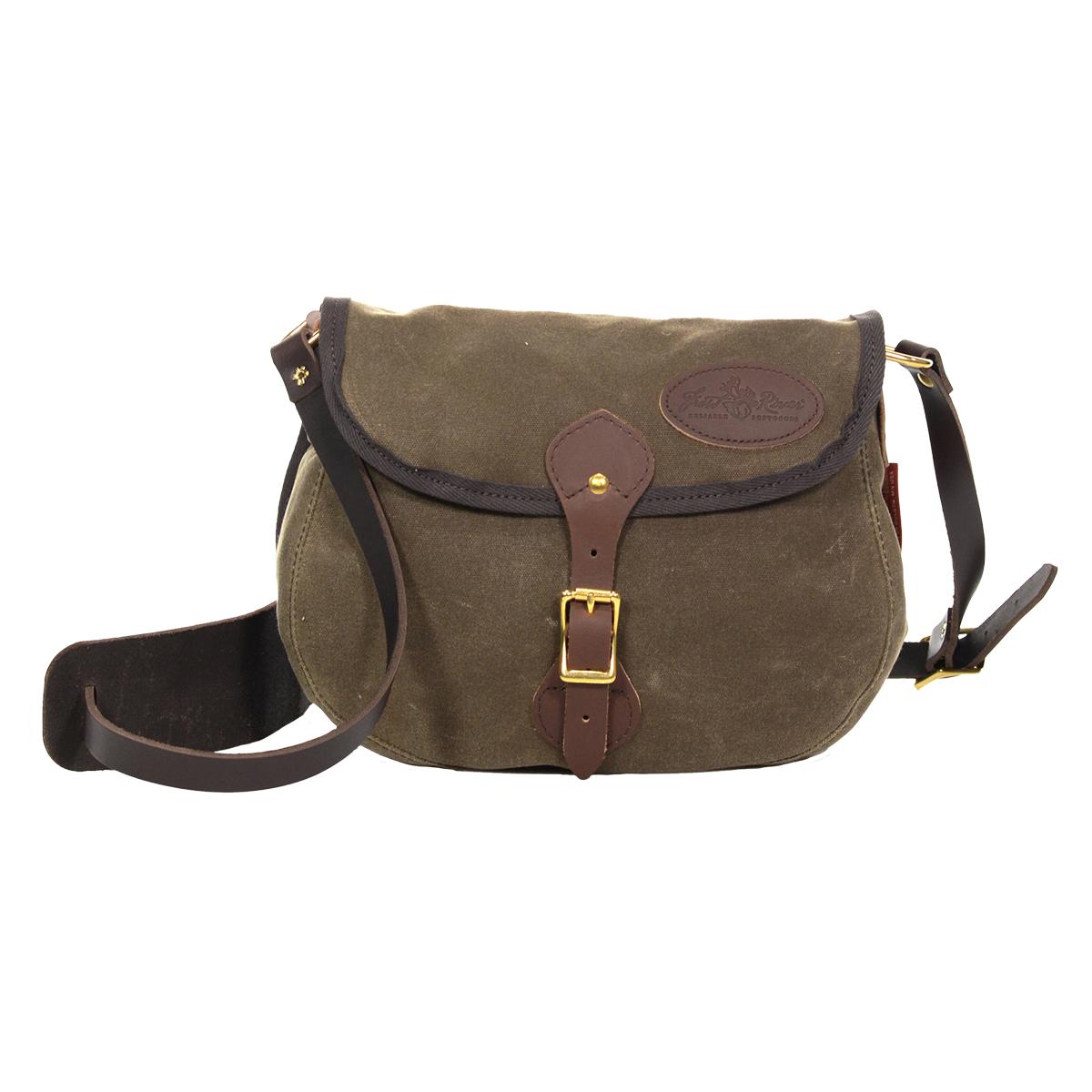 Shell shaped waxed canvas and leather shoulder bag. 