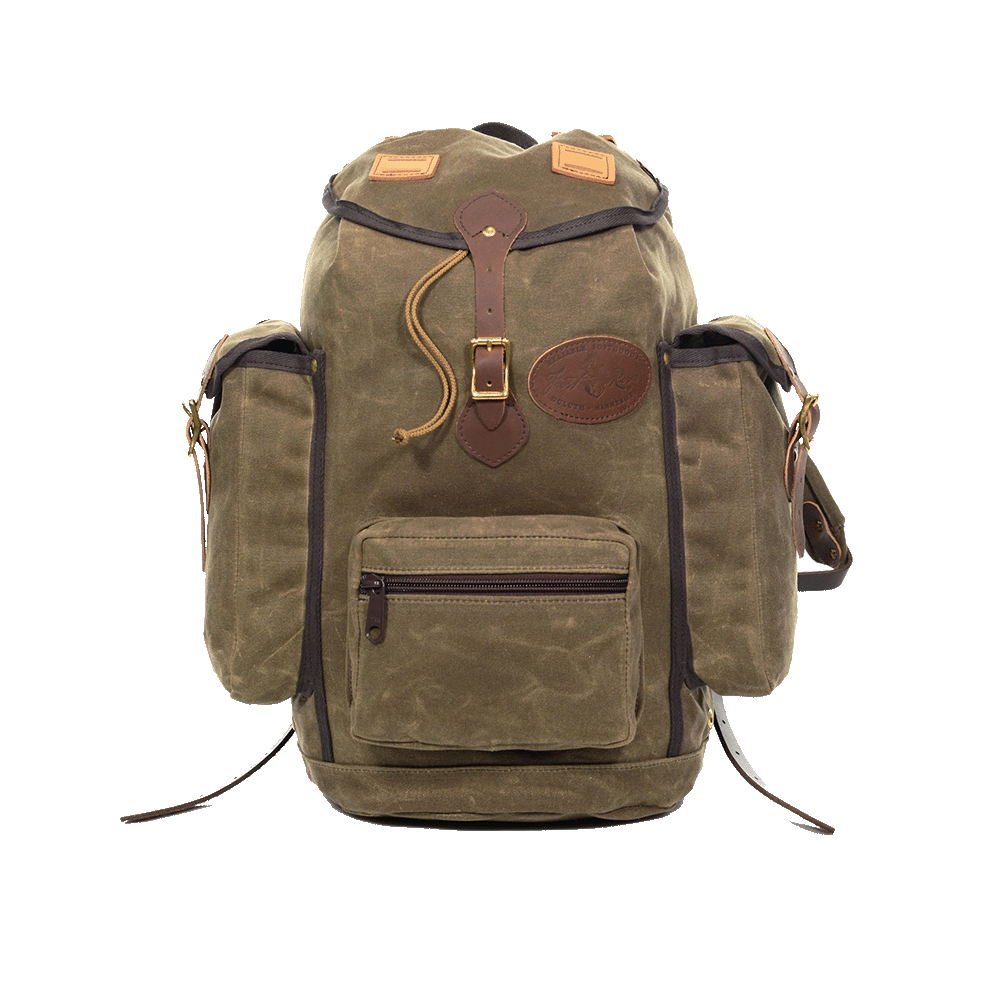 A waxed canvas backpack with leather details and side pockets, designed for outdoor use.