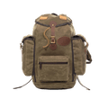 A waxed canvas backpack with leather details and side pockets, designed for outdoor use.