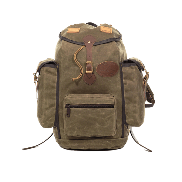 A waxed canvas backpack with leather details and side pockets, designed for outdoor use.