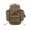 A waxed canvas backpack with leather details and side pockets, designed for outdoor use.