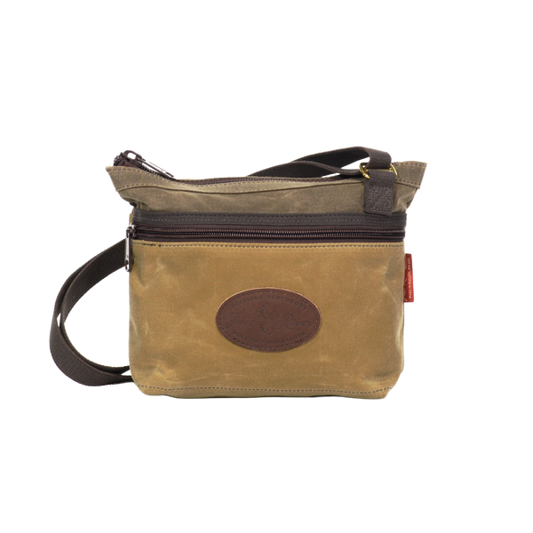 A field tan waxed canvas shoulder bag. 