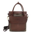 Brown leather and waxed canvas bag with a visible brand logo on a white background.