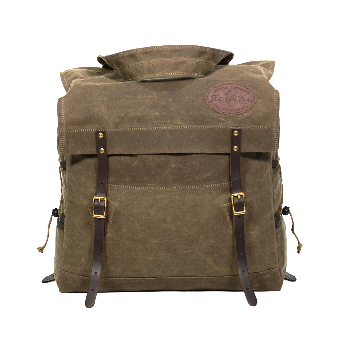 A traditional styled waxed canvas canoe pack called the Woodman Pack made by Frost River.