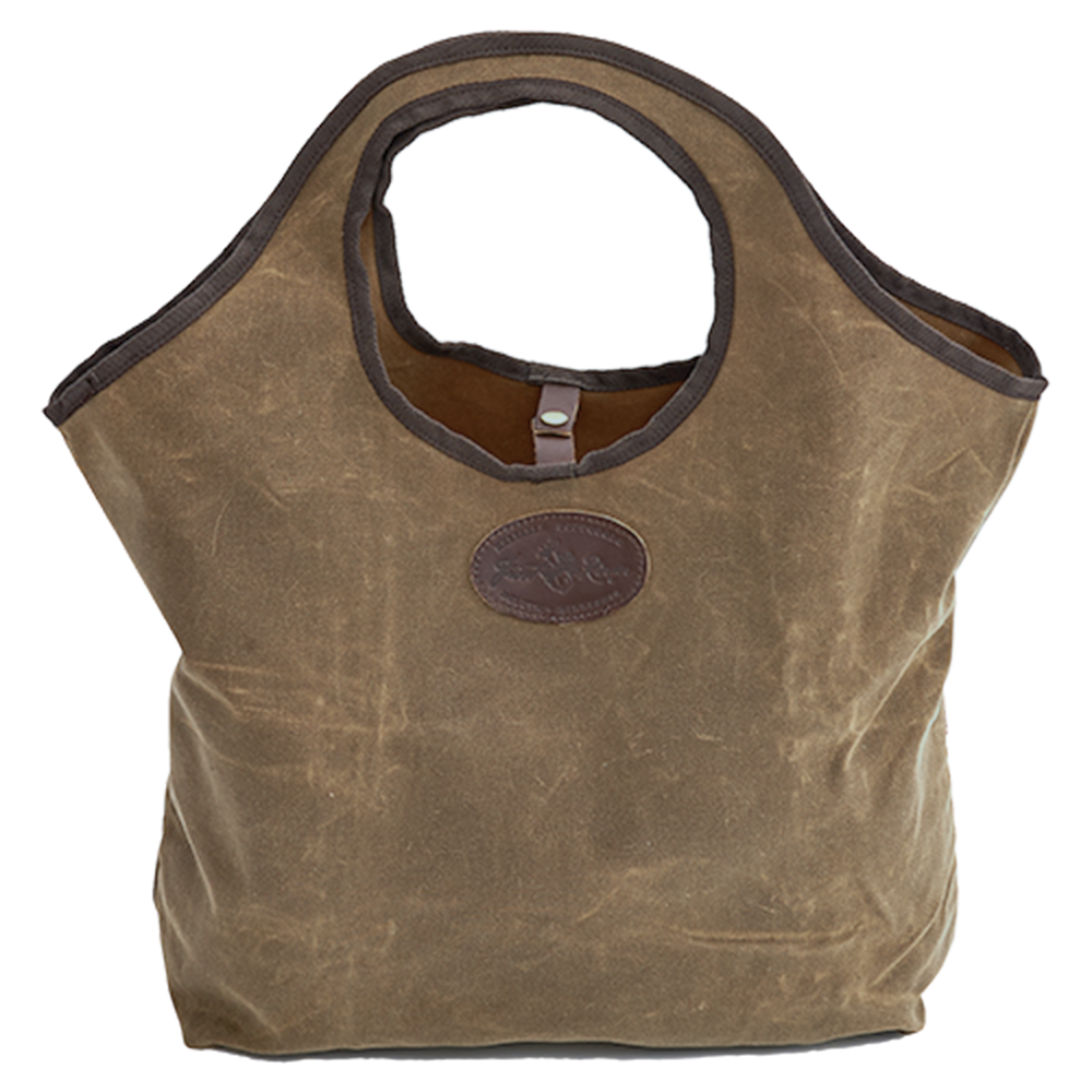 A brown waxed canvas tote bag with a leather patch on the front.