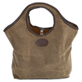 A brown waxed canvas tote bag with a leather patch on the front.
