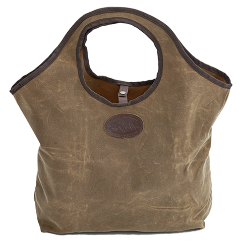 A brown waxed canvas tote bag with a leather patch on the front.