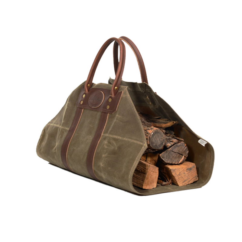 Waxed canvas and leather firewood carrier. 