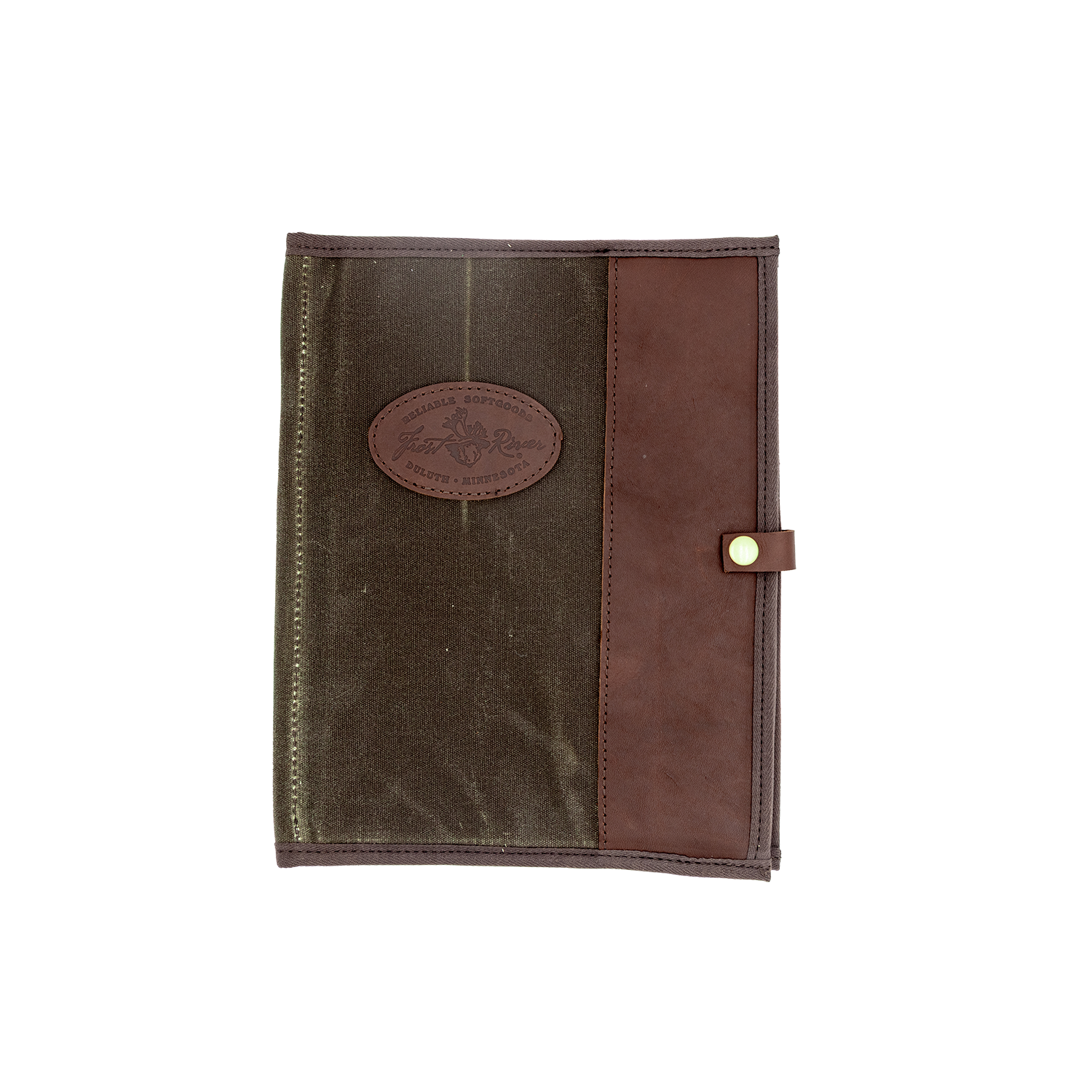 Brown leather and fabric padfolio cover with a logo. 