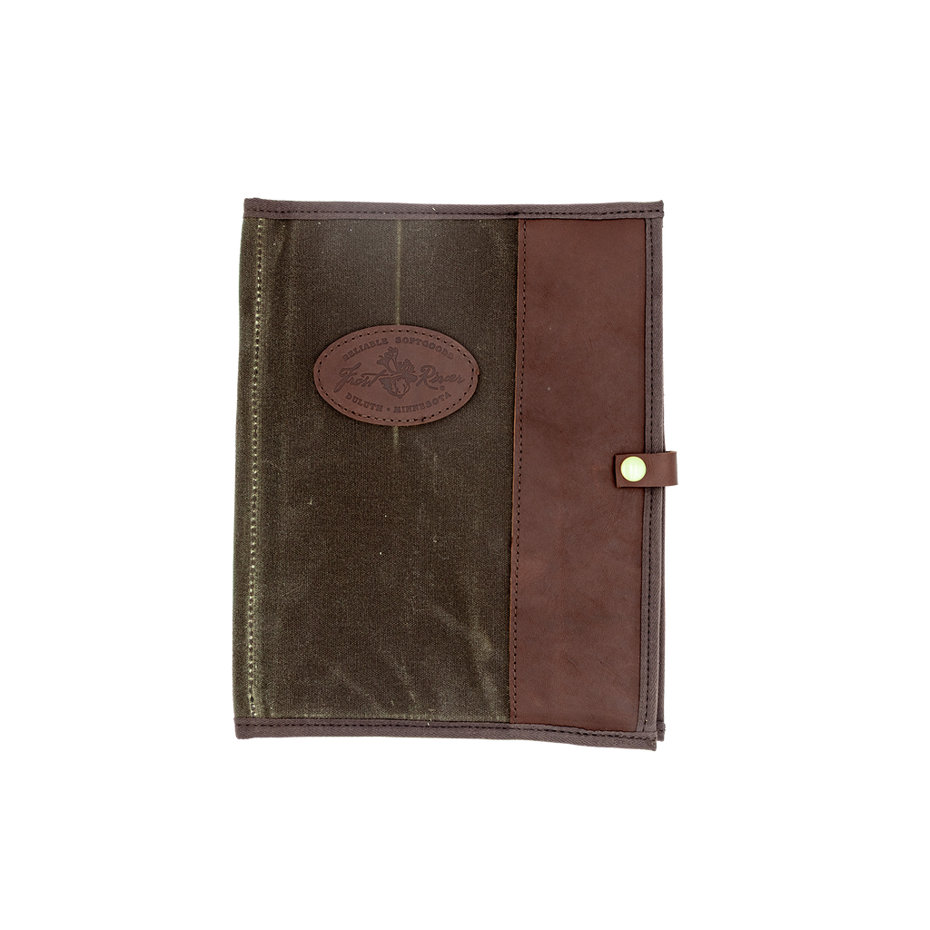 Brown leather and fabric padfolio cover with a logo. 