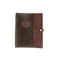 Brown leather and fabric padfolio cover with a logo. 